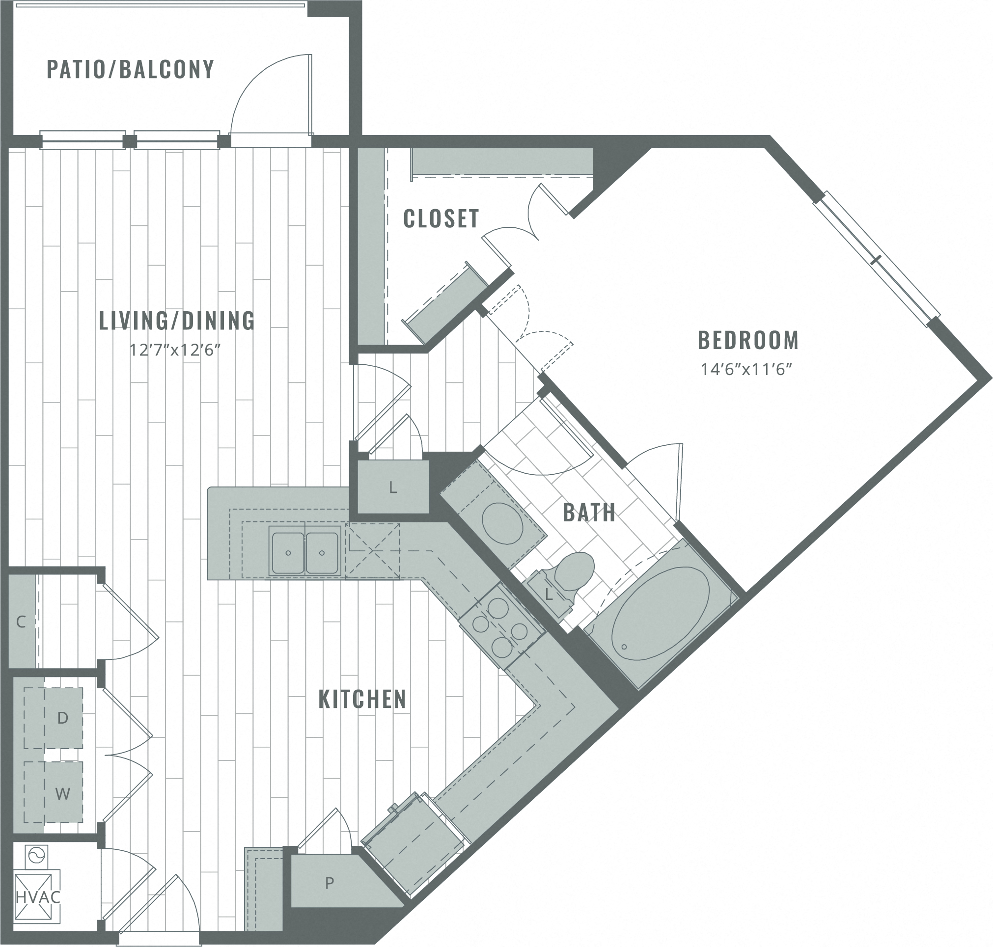 Floor plan for 1 bed, 1 bath, 826 sqft